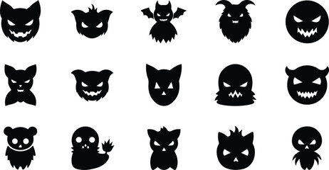 a diverse set of black silhouette icons featuring various spooky halloween monsters and creatures