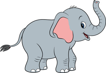 Cute baby elephant cartoon illustration, happy animal vector design, smiling jungle wildlife, gray elephant with pink ears, kids drawing