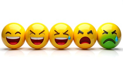 A row of 3D emoticons showing a spectrum of emotions from happy to sick, representing customer feedback and satisfaction ratings.