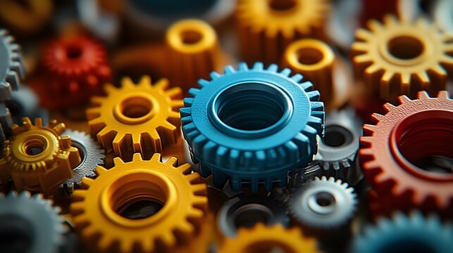 A vibrant collection of colorful gears in blue, yellow, orange, and grey is displayed in a close-up view creating an abstract mechanical industrial backdrop.