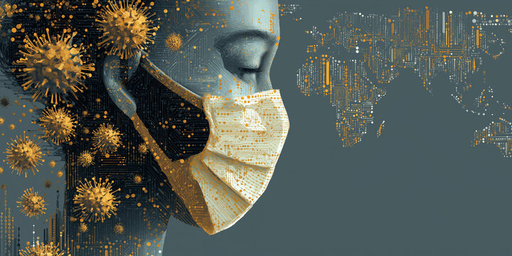 Digital artwork depicts person wearing face mask surrounded by virus particles, symbolizing global pandemic preparedness. background features world map made of circuit patterns, highlighting - Powered by Adobe