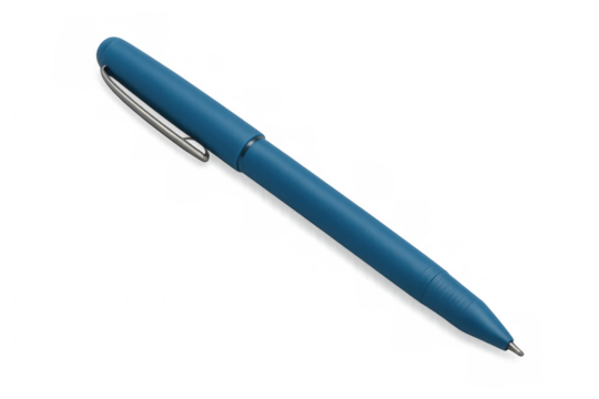 Blue ballpoint pen positioned diagonally, resting on clear surface, highlighting office writing essential