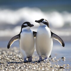 Penguin pair walking side by side happily high resolution picture