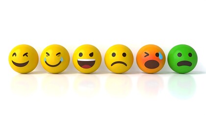 A collection of 3D emoticons in a row displaying a spectrum of emotions from happy to disgusted. Concept for customer satisfaction, feedback, and mood rating scale.