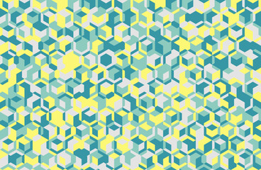 Abstract geometric pattern featuring vibrant teal, yellow, and gray cubes.  Ideal for modern design, tech backgrounds, website banners, and textile prints.