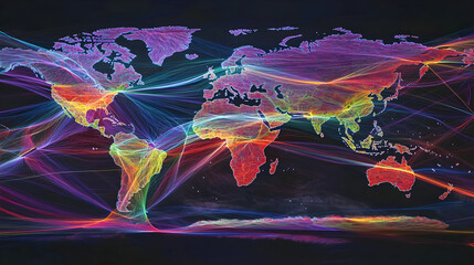 Global interconnectedness visualized by colorful lines.  World map overlaid with vibrant, flowing threads representing global connections.  Data-rich representation of worldwide interactions