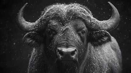Naklejka premium Majestic black and white portrait of a powerful buffalo