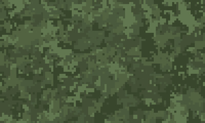 Abstract digital camouflage pattern.  Versatile dark green pixelated texture ideal for backgrounds, website design, military themes, gaming, or fashion.  Concealment and blending concept.