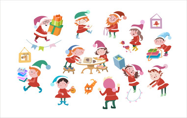 Elves and Santa Claus getting ready for Christmas. New Year Eve and winter holidays. Set of isolated children illustrations on white background. Stylized image for greeting card.
