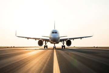 Commercial airplane front view on tarmac during golden hour aircraft runway
