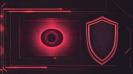 Red eye graphic with shield outline and abstract lines on a dark background