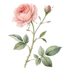 Fototapeta premium Stunning delicate pink rose with bud and lush green leaves, a timeless symbol of natural beauty perfect for elegant floral designs and romantic themes.