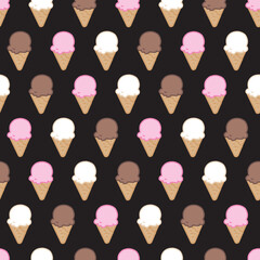 Strawberry, Chocolate, Vanilla Fun Scoops Pattern. Perfect for summer, dessert packaging, kids apparel, and food-themed products. Vanilla, strawberry, and chocolate scoop ice cream flavors.