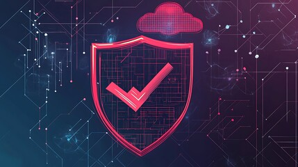 Red shield with checkmark and cloud above on a dark background with circuit lines