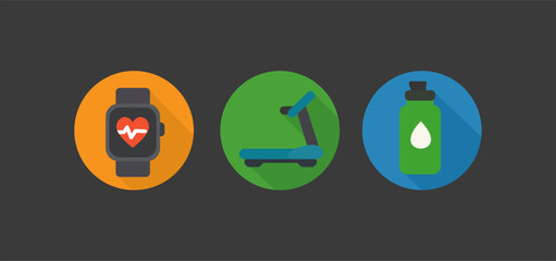 Vector flat design icons of a smartwatch with heart rate monitor, treadmill machine, and water bottle. Perfect for illustrating fitness, wellness, health tracking, and workout themes in apps