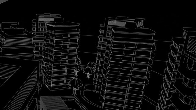 Animation of a Generic Apartment Building Complex, Seamless Looped Animation, linework, black