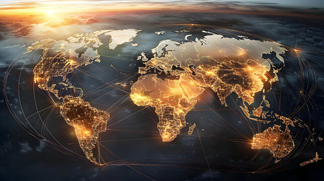 Global network, illuminated continents, interconnected by lines.  A richly detailed graphic map of Earth, highlighted by city lights and global connectivity