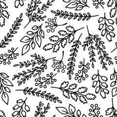 Black White Hand Drawn Fall Plant Foliage Pattern. Ideal for use in autumn illustrations, Thanksgiving crafts, and eco-inspired artwork. Perfect for fall-themed textiles, wrapping paper, etc.