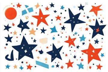 Vibrant Stars and Shapes on White Background in Red, Blue, and Orange