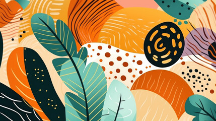 Retro Floral Geometric Background with Bold Orange, Red, and Black Patterns