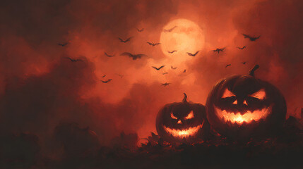 Fototapeta premium Glowing pumpkins with eerie faces illuminate the night, accompanied by silhouetted bats flying against an orange-hued backdrop.