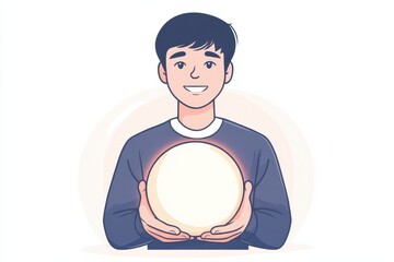 Young Man Holding a Light Sphere with a Bright Smile and Joyful Expression