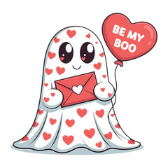 Cute cartoon ghost holding a love letter and a heart balloon isolated on transparent background