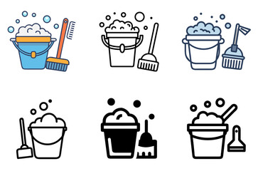 Cleaning bucket with water, bubbles, and scrubbing brush icon set for household hygiene