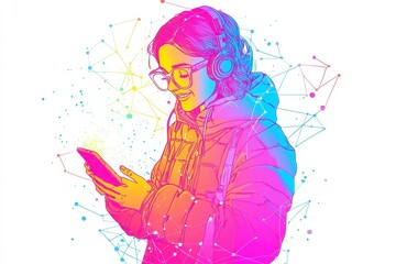 Obraz premium Vibrant Young Woman with Headphones Enjoying Music on Smartphone