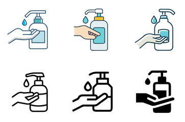 Hand holding pump dispenser bottle icon set for soap, sanitizer, and hygiene solutions