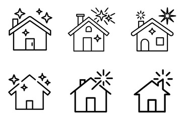 Clean house with starburst symbol icon set representing domestic tidiness and maintenance

