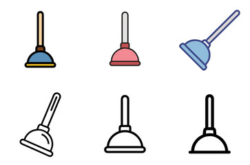 Plunger icon set for bathroom tools, plumbing, and unclogging solutions

