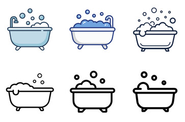 Relaxing bathtub with bubbles icon set for bathing, self-care, and cleaning concepts

