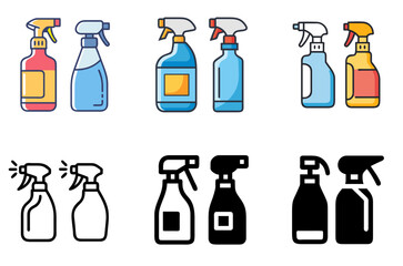 Dual cleaning spray bottles icon set for household hygiene, sanitation, and fresh solutions

