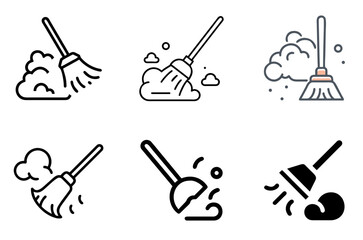 Cleaning broom sweeping dust icon set for hygiene, tidiness, and household chores


