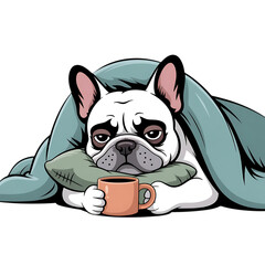 Sad french bulldog under blanket holding coffee cup isolated on transparent background