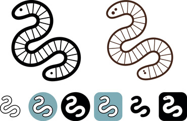Fototapeta premium Illustration of two earthworms one in outline and one in color along with worm icon variations