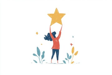 Woman Holding Yellow Star in a Playful Artistic Style Illustration