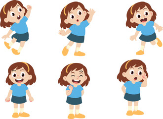 Cute little girl in various poses with expressive emotions, cartoon character illustration, kids design, playful vector, flat drawing