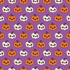 Kawaii Funny Faces Pumpkin Doodle Spooky Pattern. Perfect for seasonal wrapping, kids Halloween products, textiles, party decorations, etc. Fun and festive Halloween pumpkin design