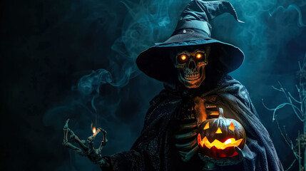 Skeleton wearing a black hat and holding a pumpkin lantern. The image has a spooky and eerie mood