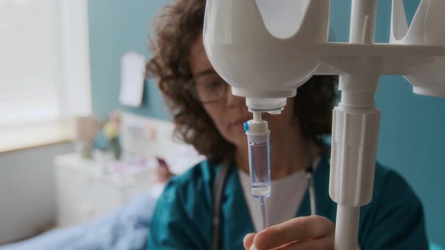 Close-up of face and hands of Caucasian midwife installing bottle on drip stand and setting up equipment to perform prescribed intravenous infusion for pregnant female patient in ward