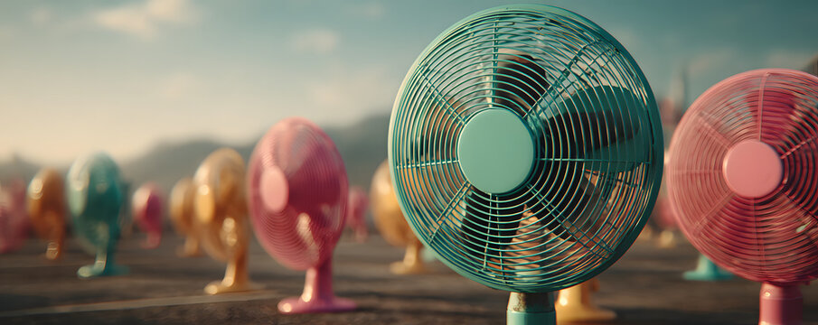 A refreshing summer scene featuring multiple vibrant fans providing a cool breeze Perfect for illustrating heatwave relief, summer activities, or staying cool in hot weather , light, decor