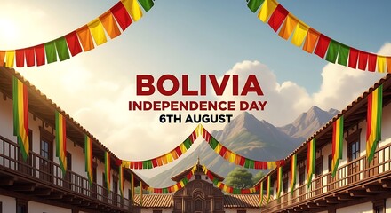 Celebrating Bolivian Independence Day on August 6th. Festive flags hang across a historic sunlit plaza with a mountain landscape view.
