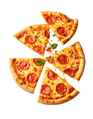 flying on air dynamic Pepperoni pizzas slice on white background PNG