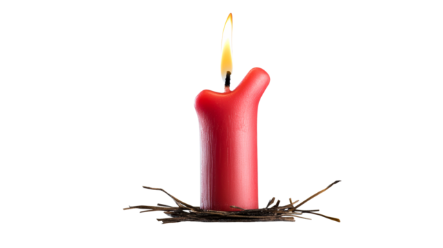 Unique red candle in a natural nest on a transparent background