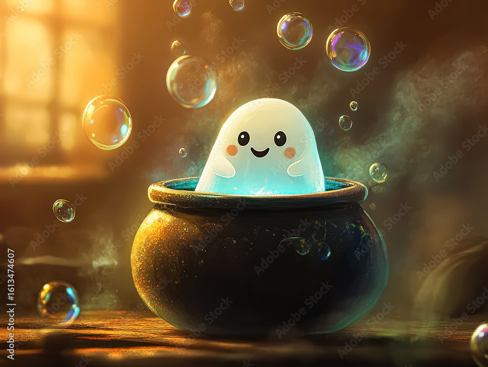Poster cartoon ghost is in a pot of bubbles. the ghost is smiling and the bubbles are floating around it