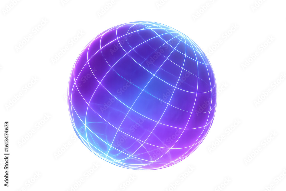 Poster rotating translucent globe glowing purple-blue, featuring technological grid pattern symbolizing glo