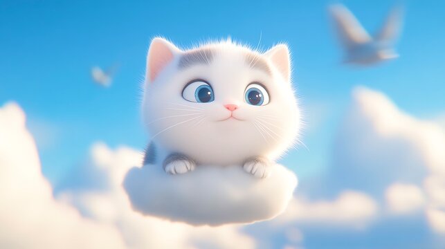 A cute baby cat rides a floating cloud. (Cartoon style, 3D)