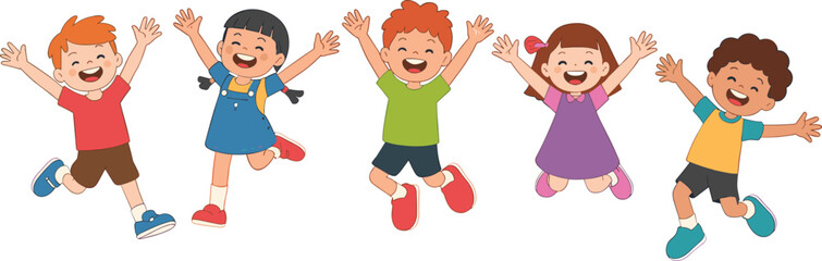 Happy cartoon children jumping together, flat vector illustration, diverse smiling kids, playful group, fun expression, cheerful mood, childhood joy